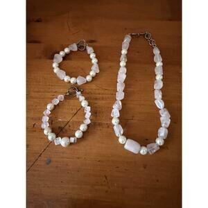 Handmade Vintage Inspired Faux Pearl Pink Gemstone Necklace & Bracelet Set